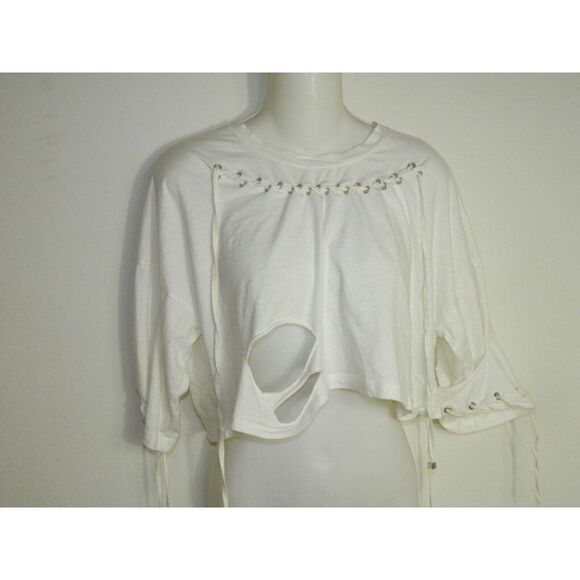 POL Clothing Shirt‎ White Cropped Distressed Beaded Strings Tank Top - Picture 6 of 8